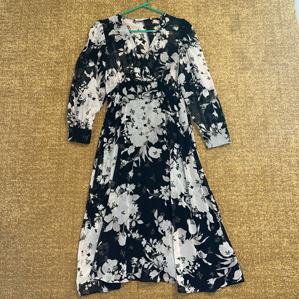 Zara Midi Dress Sz S Dark Floral Whimsigoth Dark Fairy Sheer Top Lined Bottom